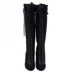Pre Owned Giuseppe Zanotti Black Leather Lace Up Metal Heel Knee Boots Size 36