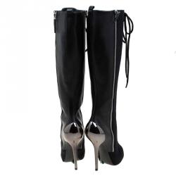 Pre Owned Giuseppe Zanotti Black Leather Lace Up Metal Heel Knee Boots Size 36