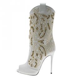 Pre Owned Giuseppe Zanotti White Studded Leather Coline Peep Toe Mid Calf Boots Size 38.5