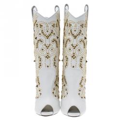 Pre Owned Giuseppe Zanotti White Studded Leather Coline Peep Toe Mid Calf Boots Size 38.5
