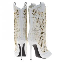 Pre Owned Giuseppe Zanotti White Studded Leather Coline Peep Toe Mid Calf Boots Size 38.5