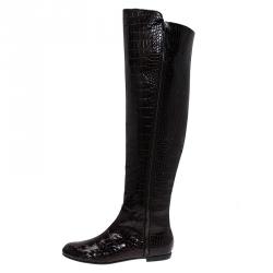 Pre Owned بوت جوسيبي زانوتي رينغوتو جلد نقشة التمساح بني لامع فوق الركبة مقاس 38