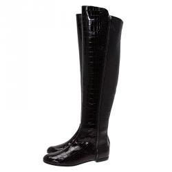 Pre Owned بوت جوسيبي زانوتي رينغوتو جلد نقشة التمساح بني لامع فوق الركبة مقاس 38