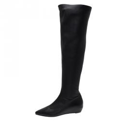 Pre Owned Giuseppe Zanotti Black Leather Pointed Wedge Over the Knee Boots Size 38.5