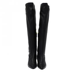 Pre Owned Giuseppe Zanotti Black Leather Pointed Wedge Over the Knee Boots Size 38.5