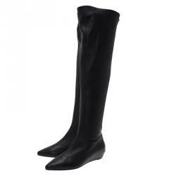 Pre Owned Giuseppe Zanotti Black Leather Pointed Wedge Over the Knee Boots Size 38.5