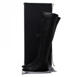 Pre Owned Giuseppe Zanotti Black Leather Pointed Wedge Over the Knee Boots Size 38.5