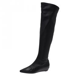 Pre Owned Giuseppe Zanotti Black Leather Pointed Wedge Over the Knee Boots Size 40