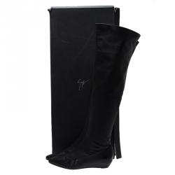 Pre Owned Giuseppe Zanotti Black Leather Pointed Wedge Over the Knee Boots Size 40