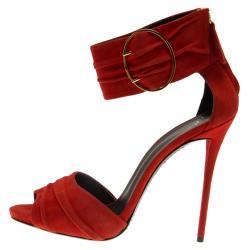Pre Owned Giuseppe Zanotti Red Pleated Suede Ankle Strap Sandals Size 40