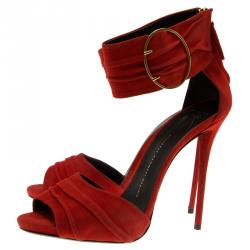 Pre Owned Giuseppe Zanotti Red Pleated Suede Ankle Strap Sandals Size 40