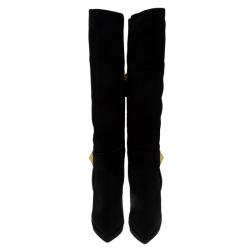 Pre Owned Giuseppe Zanotti Black Suede Pyramid Stud Platform Knee Boots Size 38