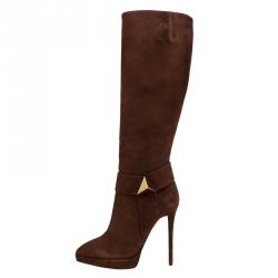 Pre Owned Giuseppe Zanotti Brown Suede Pyramid Stud Platform Knee Boots Size 38