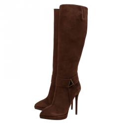Pre Owned Giuseppe Zanotti Brown Suede Pyramid Stud Platform Knee Boots Size 38