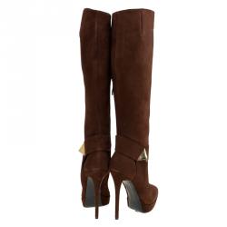 Pre Owned Giuseppe Zanotti Brown Suede Pyramid Stud Platform Knee Boots Size 38