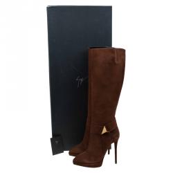 Pre Owned Giuseppe Zanotti Brown Suede Pyramid Stud Platform Knee Boots Size 38