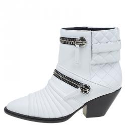 Pre Owned Giuseppe Zanotti White Quilted Leather Ankle Boots Size 37.5