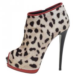مملوكة مسبقًا Giuseppe Zanotti Leopard Calf Hair and Red Leather Peep Toe Platform Ankle Boots Size 40