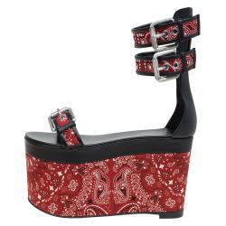 Pre Owned صندل جوسيبي زانوتي جلد أحمر وأسود مطبوع بحزام للكاحل نعل سميك مقاس 38