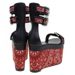 Pre Owned صندل جوسيبي زانوتي جلد أحمر وأسود مطبوع بحزام للكاحل نعل سميك مقاس 38