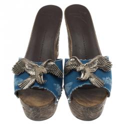 Pre Owned صندل جوسيبي زانوتى سابو نعل سميك زخرفة النسر كانفاس أزرق 37