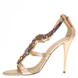مملوكة مسبقًا Giuseppe Zanotti Metallic Bronze Leather Jewel Embellished Sandals Size 41