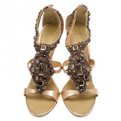 مملوكة مسبقًا Giuseppe Zanotti Metallic Bronze Leather Jewel Embellished Sandals Size 41