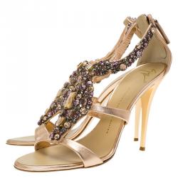 مملوكة مسبقًا Giuseppe Zanotti Metallic Bronze Leather Jewel Embellished Sandals Size 41