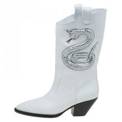Pre Owned Giuseppe Zanotti White Snake Embellished Leather Guns 55 Cowboy Boots Size 41