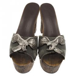 Pre Owned صندل سلايد جوسيبي زانوتي سابو نعل سميك كانفاس رصاصي زخرفة النسر مقاس 40