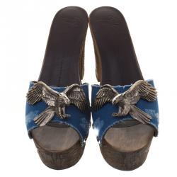 Pre Owned صندل سلايد جوسيبي زانوتي سابوت كانفاس أزرق حلية نسر نعل سميك مقاس 38