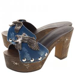 Pre Owned صندل سلايد جوسيبي زانوتي سابوت كانفاس أزرق حلية نسر نعل سميك مقاس 38