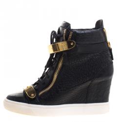 Pre Owned Giuseppe Zanotti Black Croc Embossed Leather Lorenz Wedge Sneakers Size 38