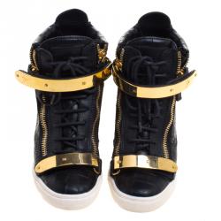 Pre Owned Giuseppe Zanotti Black Croc Embossed Leather Lorenz Wedge Sneakers Size 38