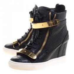 Pre Owned Giuseppe Zanotti Black Croc Embossed Leather Lorenz Wedge Sneakers Size 38