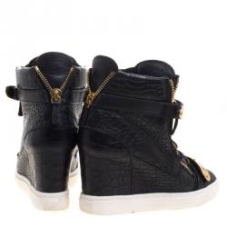 Pre Owned Giuseppe Zanotti Black Croc Embossed Leather Lorenz Wedge Sneakers Size 38