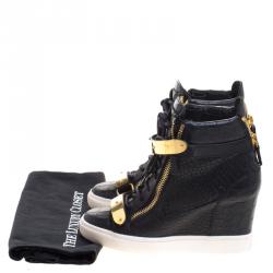 Pre Owned Giuseppe Zanotti Black Croc Embossed Leather Lorenz Wedge Sneakers Size 38