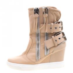 Pre Owned Giuseppe Zanotti Beige Leather Buckled Double Zip Accent Wedge Sneakers Size 36