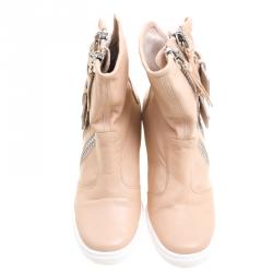 Pre Owned Giuseppe Zanotti Beige Leather Buckled Double Zip Accent Wedge Sneakers Size 36