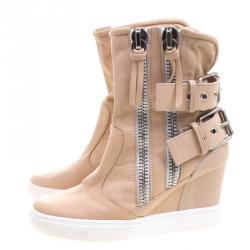 Pre Owned Giuseppe Zanotti Beige Leather Buckled Double Zip Accent Wedge Sneakers Size 36