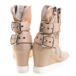 Pre Owned Giuseppe Zanotti Beige Leather Buckled Double Zip Accent Wedge Sneakers Size 36