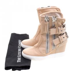 Pre Owned Giuseppe Zanotti Beige Leather Buckled Double Zip Accent Wedge Sneakers Size 36