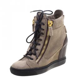 Pre Owned Giuseppe Zanotti Brown Suede and Leather Hidden Wedge Sneakers Size 36