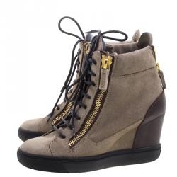 Pre Owned Giuseppe Zanotti Brown Suede and Leather Hidden Wedge Sneakers Size 36