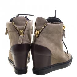 Pre Owned Giuseppe Zanotti Brown Suede and Leather Hidden Wedge Sneakers Size 36