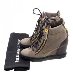 Pre Owned Giuseppe Zanotti Brown Suede and Leather Hidden Wedge Sneakers Size 36