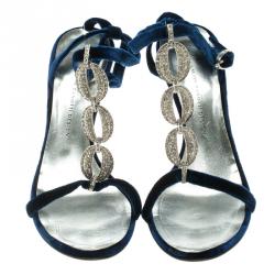 Pre Owned Giuseppe Zanotti Vicini Blue Embellished Velvet Strappy Sandals Size 38