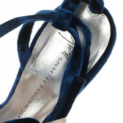 Pre Owned Giuseppe Zanotti Vicini Blue Embellished Velvet Strappy Sandals Size 38