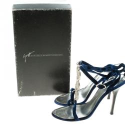 Pre Owned Giuseppe Zanotti Vicini Blue Embellished Velvet Strappy Sandals Size 38