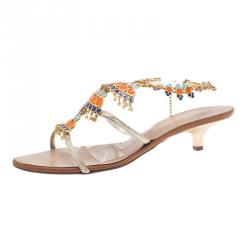 Pre Owned Giuseppe Zanotti Gold Leather Jeweled T-Strap Sandals Size 40